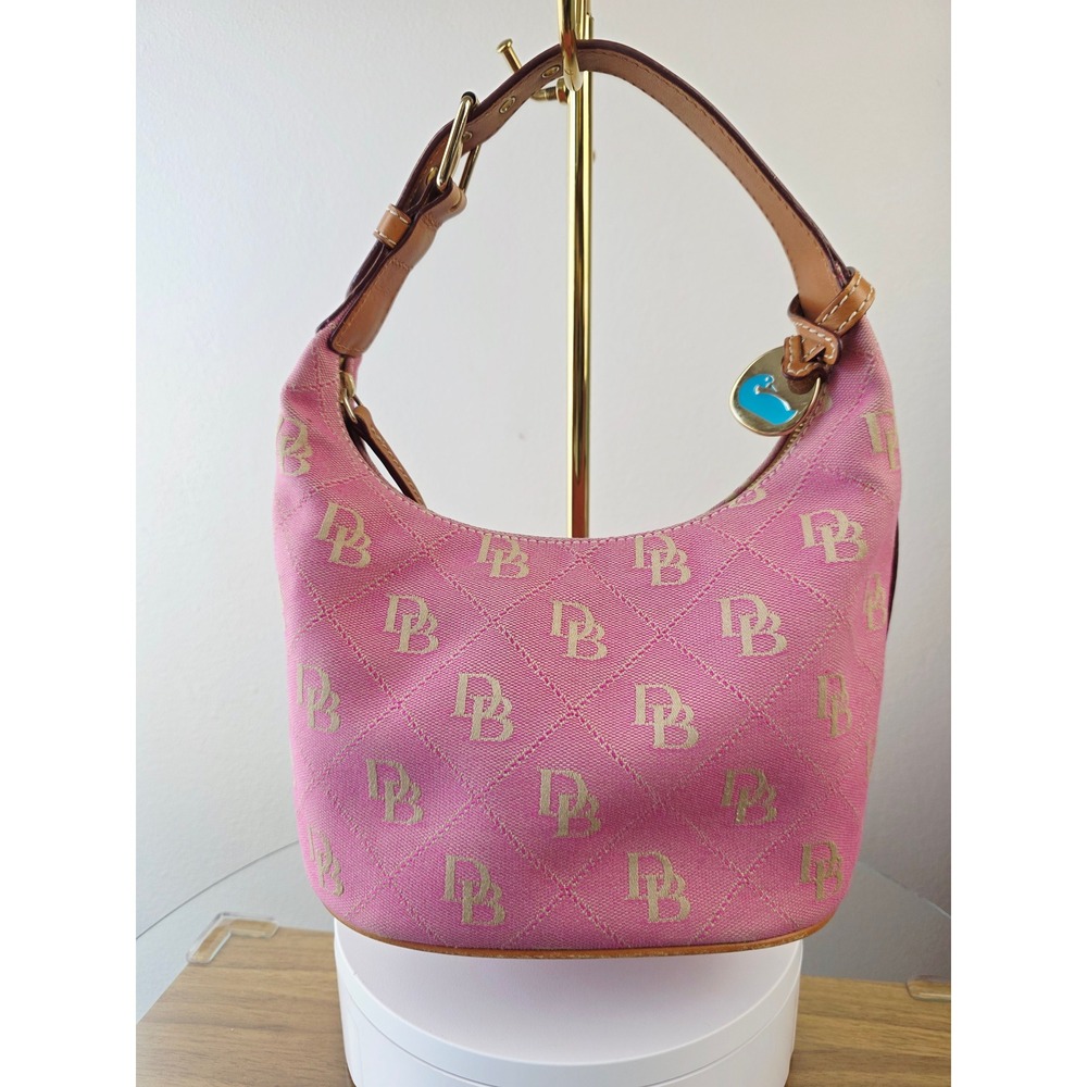 Dooney & Bourke Pink Monogram Quilted Canvas Hobo Shoulder Bag Tan Leather Trim